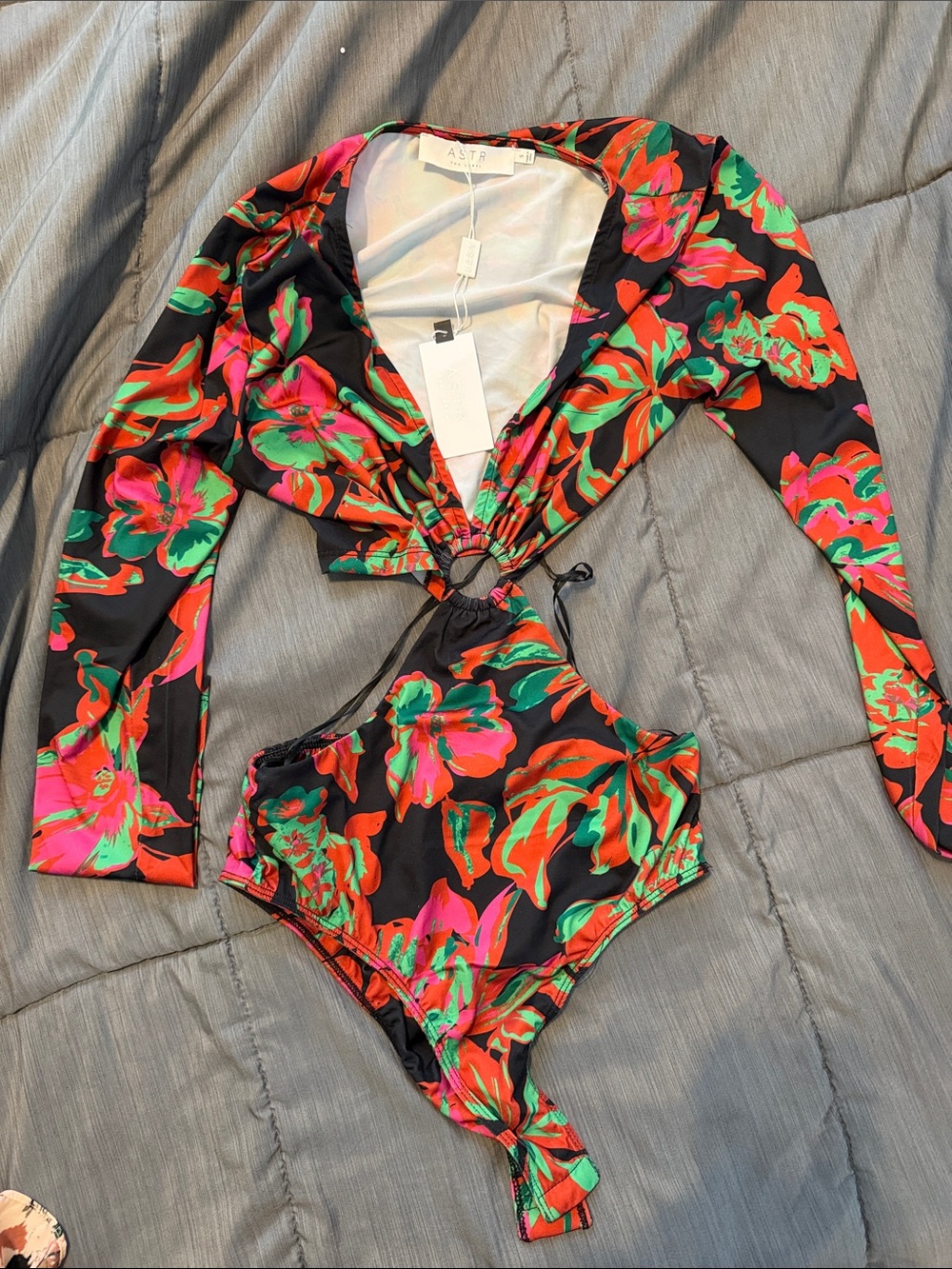 Astr Floral Cutout Long-Sleeve Bodysuit in Black with Neon Pink & Green